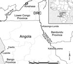 Thumbnail of Locations in Democratic Republic of Congo (DRC) (Kasongo-Lunda) and Angola (Kafufu/Luremo) where 3 patients with Buruli ulcer were detected.