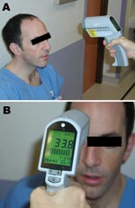 Thumbnail of Figure 1&nbsp;-&nbsp;Measurement of cutaneous temperature with an infrared thermometer. A) The device is placed 20 cm from the forehead. B) As soon as the examiner pulls the trigger, the temperature measured is shown on the display. Used with permission.