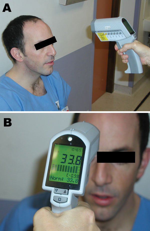 Figure 1&nbsp;-&nbsp;Measurement of cutaneous temperature with an infrared thermometer. A) The device is placed 20 cm from the forehead. B) As soon as the examiner pulls the trigger, the temperature measured is shown on the display. Used with permission.