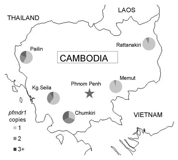 Map of Cambodia with locations of surveillance sites and proportion of isolates containing 1, 2, or &gt;3 copies of pfmdr1, May 2004–December 2006.