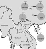 Thumbnail of Southeastern Asia, showing 5 sites in the People’s Republic of China where land birds were collected and tested for influenza A virus. Prevalence values were 4% (n = 103) in Dashahe in 2006; 6% (n = 194) in Kuan Kuoshui in 2006; 0.3% (n = 328) in Shuipu in 2007; 3% (n = 184) in Jing Xi, in 2004; and 0% (n = 130) in Shiwandashan in 2005.