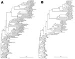 Thumbnail of Phylogenetic relationship among hepatitis E virus (HEV) strains from southwestern France and reference strains available in GenBank based on a 348-nt sequence in the open reading frame 2 (A) and on a 383-nt sequence of HEV RNA–dependent RNA polymerase (B). Genetic distances were calculated by using the Kimura 2-parameter method; phylogenetic trees were plotted by the neighbor-joining method. The reproducibility of the branching pattern was tested by bootstrap analysis (1,000 replica