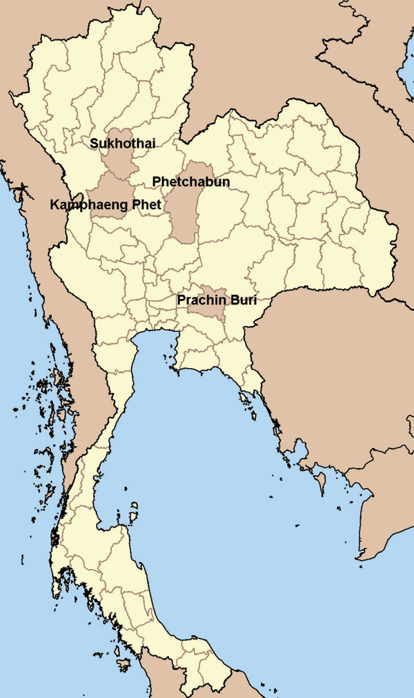 Province location of study villages with laboratory-confirmed avian influenza A (H5N1) cases in humans, Thailand, 2004. (Adapted from http://commons.wikimedia.org/wiki/Image:BlankMap_Thailand.png)