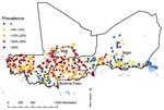 Thumbnail of Prevalence of infection with Schistosoma hematobium at 418 survey locations in Burkina Faso, Mali, and Niger, 2004–2006.