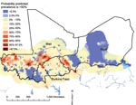 Thumbnail of Predicted probability of prevalence of infection with Schistosoma hematobium being &gt;50% in Burkina Faso, Mali, and Niger in boys ages 13–16 years; results are based on a Bayesian geostatistical model. The red areas had a low degree of uncertainty that predicted prevalence was &gt;50%, and the blue areas had a high degree of uncertainty that predicted prevalence was &gt;50%.