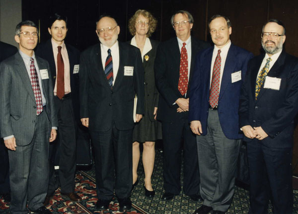 Keynote speakers at the inaugural International Conference on Emerging Infectious Diseases in Atlanta, March 8–11, 1998. Left to right: Anthony Fauci, David Heymann, Joshua Lederberg, Claire Broome, James Hughes, Guthrie Birkhead, D. Peter Drotman.