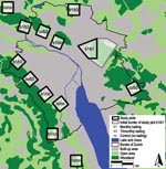 Thumbnail of Study area of the anthelminthic baiting experiments in the conurbation of Zurich, Switzerland. Thirteen study plots were defined along the urban periphery during the 2-phased baiting period (phase 1, April 2000–October 2001; phase 2, November 2001–December 2003). Five different treatment schemes were used in these plots: co/co = no bait delivery during the whole study (n = 3 sites of 1 km2 ); b1/b3 = bait delivered monthly during the first phase and trimonthly during the second phase (n = 3); co/b3, no bait delivery during the first and trimonthly delivery during the second phase (n = 3); b1/co, monthly bait delivery during the first and no delivery during the second phase (n = 3); b1/b1, monthly bait delivery during the first and the second phase in a single study plot. This largest study plot comprised initially an area of 6 km2 (gray line) and finally an area of 2 km2 during the second baiting phase.