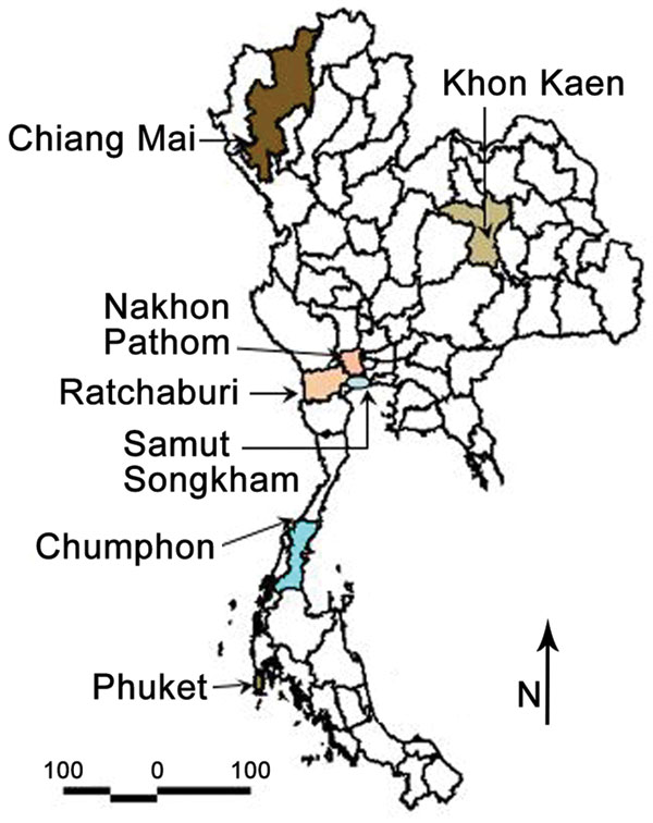 Provinces of Thailand showing study sites in Phuket, Chiang Mai, Ratchaburi, Nakhon Pathom, Khon Kaen, Chumphon, and Samut Songkham.