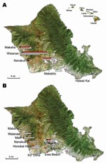 Thumbnail of Detection of Rickettsia typhi and R. felis DNA in Xenopsylla cheopis trapped in Oahu, Hawaii, in A) 2004 and B) 2006 and 2007. Hawaii is shown in the inset. Symbols correspond to sites of sample collection. White squares, collections in 2004 and 2006 of fleas negative for R. felis and R. typhi; white triangles, collections in 2007 of fleas negative for R. felis and R. typhi; red squares, fleas positive for R. felis; black squares, fleas positive for R. typhi; blue squares, fleas positive for both R. typhi and R. felis. Maps were obtained from www.hear.org/starr/maps/stock/landsat.htm