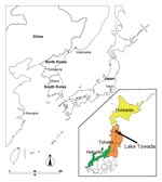 Thumbnail of Map of Japan and nearby countries, with enlargement of the northern part of the country (inset) showing location of Lake Towada.