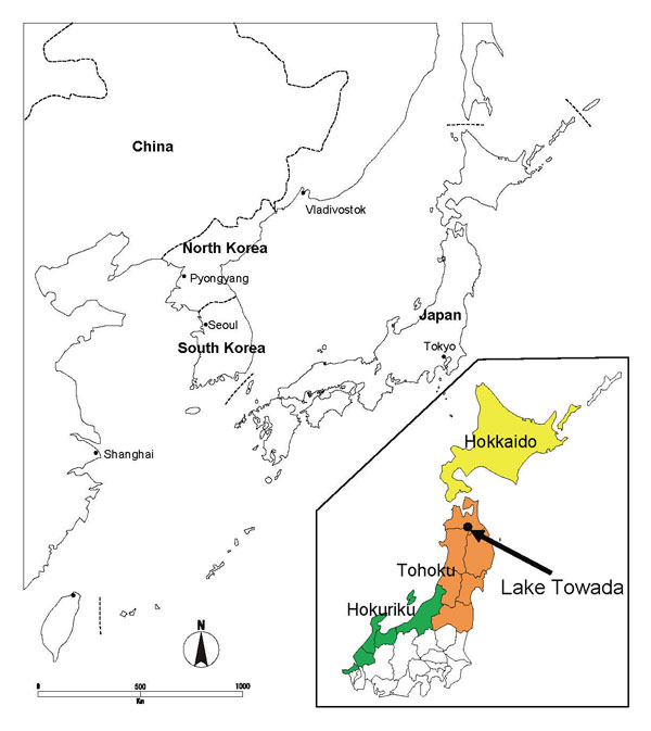 Map of Japan and nearby countries, with enlargement of the northern part of the country (inset) showing location of Lake Towada.