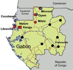 Thumbnail of Chikungunya and dengue outbreaks in Gabon, 2007. Distribution of the outbreak and location of the 7 towns where suspected cases have been laboratory confirmed by using quantitative reverse transcription–PCR assay are shown. Chikungunya cases are represented by red circles, dengue cases by blue circles, and cases negative for the viruses by green circles. Testing methods are described in the footnote to the Table.