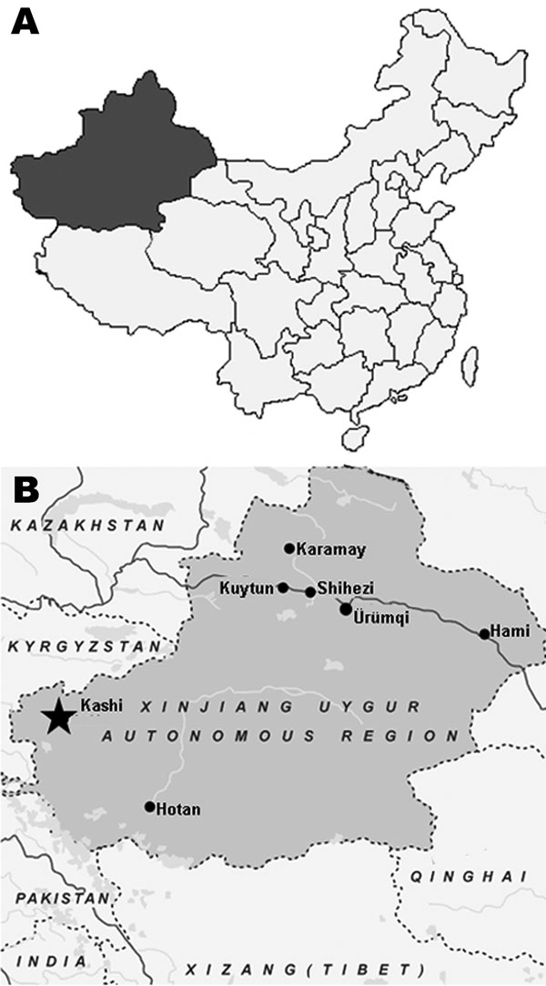 A) Map of China showing location of Xinjiang Uygur Autonomous Region. B) Map of Xinjiang Uygur Autonomous Region showing Kashi region (star), where Tahyna virus XJ0625 was isolated from a pool of Culex spp. mosquitoes.