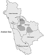 Thumbnail of Areas of Karnataka State, India, known to be affected by Kyasanur Forest disease (dark gray shading).