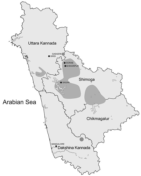 Areas of Karnataka State, India, known to be affected by Kyasanur Forest disease (dark gray shading).