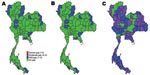 Thumbnail of Gaps in health system resources (internal medicine physicians) likely to occur for 3 scenarios of prepandemic influenza across provinces, Thailand. A) Scenario 1; B) scenario 2; C) scenario 3.