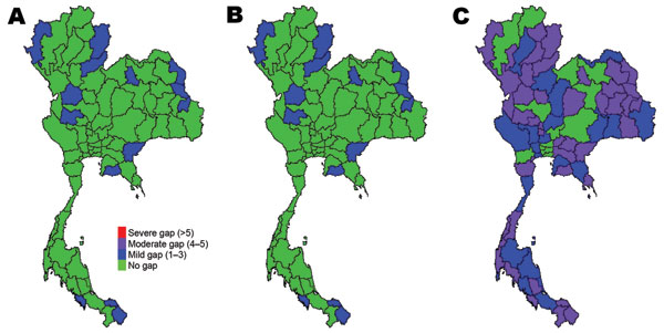 Gaps in health system resources (internal medicine physicians) likely to occur for 3 scenarios of prepandemic influenza across provinces, Thailand. A) Scenario 1; B) scenario 2; C) scenario 3.