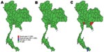 Thumbnail of Gaps in health system resources (oseltamivir tablets) likely to occur for 3 scenarios of prepandemic influenza across provinces, Thailand. A) Scenario 1; B) scenario 2; C) scenario 3.