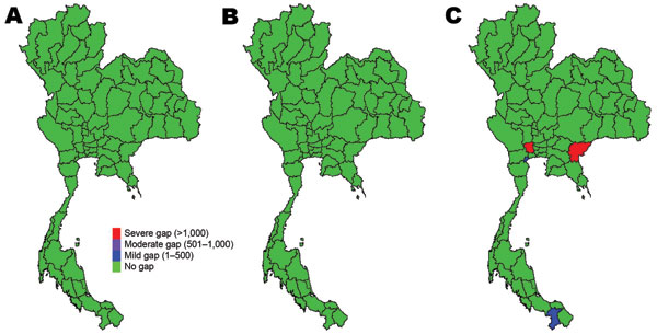 Gaps in health system resources (oseltamivir tablets) likely to occur for 3 scenarios of prepandemic influenza across provinces, Thailand. A) Scenario 1; B) scenario 2; C) scenario 3.