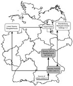 Thumbnail of Possible pathway of transmission of highly pathogenic avian influenza virus (HPAIV) (H5N1) from farm B, Bavaria, to 3 backyard chicken holdings in Brandenburg (gray house symbols) based on phylogenetic and circumstantial epidemiologic evidence. Viruses of these cases were virtually identical, although they were separated by 4 months (August and December, 2007) and ≈400 km without linking outbreaks. In contrast, other viruses occurring at the same time (August) in Bavaria in wild bir