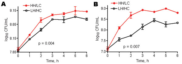 Growth curve of group B streptococcal variants, i.e., low hemolytic (LH)/high encapsulation (HC) and high hemolytic (HH)/low encapsulation (LC), in Todd-Hewitt broth plus 1.5% yeast cultured in a separate tube (A) or together in the same tube (B). Graph presented as mean + SD.