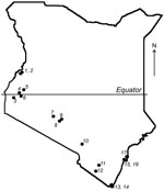 Thumbnail of Map of Kenya showing the locations of 17 bat collection sites.