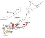 Thumbnail of Map of Japan showing prefectures where human cases of hepatitis E virus have been found. Underlining indicates part of prefecture name included in isolate name; yellow indicates cases in swine; red indicates cases in humans.