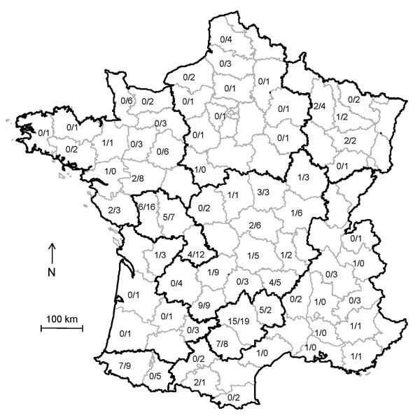 Distribution of cases of atypical scrapie and controls (no. cases/no. controls) in sheep, France, 2007. Sheep production areas are outlined in black, and counties are outlined in gray.