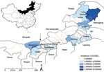 Thumbnail of Geographic distribution and average annual incidence of hemorrhagic fever with renal syndrome by district in Inner Mongolia, China, 2001–2006. Arrows mark, from left to right, divisions between western, central, and eastern Inner Mongolia.