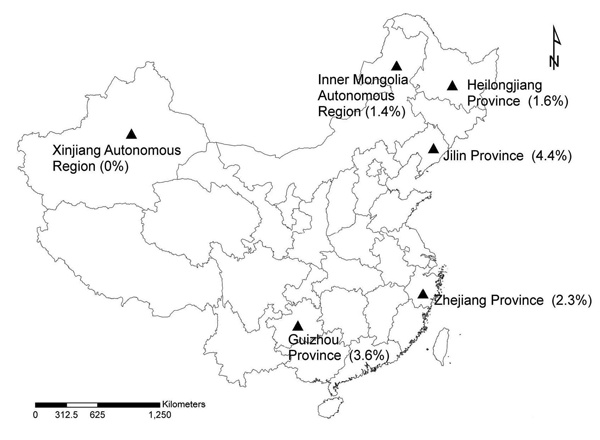 Study sites (triangles) in the People’s Republic of China where rodents were collected, 2004–2006. Numbers in parentheses are co-infection rates of rodents with 2 or 3 tick-borne agents.