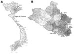 Thumbnail of A) Location of Nghe An Province in northern Vietnam. B) Location of the 5 selected districts from which households were selected for investigation of fish-borne zoonotic trematodes in domestic animals.