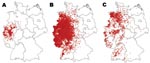Thumbnail of Maps showing outbreaks of bluetongue disease among all affected species in Germany in A) 2006, B) 2007, and C) 2008 (through August 31). Red dots indicate confirmed cases/outbreaks.