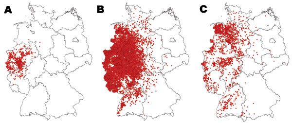 Maps showing outbreaks of bluetongue disease among all affected species in Germany in A) 2006, B) 2007, and C) 2008 (through August 31). Red dots indicate confirmed cases/outbreaks.