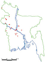 Thumbnail of Locations of human Nipah virus introductions (red dots), Bangladesh, 2001–2007.