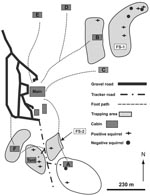 Thumbnail of Wilderness camp, Pennsylvania, USA, showing areas where flying squirrels were trapped over a 5-day period during March 2006 for Rickettsia prowazekii testing. Cabins and tent sites are designated by letters A, B, C, D, E, F, and Tent. Field sites are designated FS-1 and FS-2.