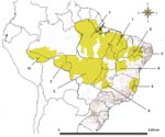 Thumbnail of Locations of the 10 most probable leprosy clusters (yellow regions) and municipal councils (dots), Brazil, 2005–2007.