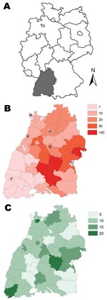 Thumbnail of A) Map of Germany showing location of Baden-Württemberg region (gray shading). B) Cumulative incidence (per 100,000 population) of nephropathia epidemica, Baden-Württemberg, Germany, 2001–2007. Letters indicate major cities: F, Freiburg; H, Heilbronn; K, Karlsruhe; M, Mannheim; S, Stuttgart; U, Ulm. C) Percentage cover of beech forest.