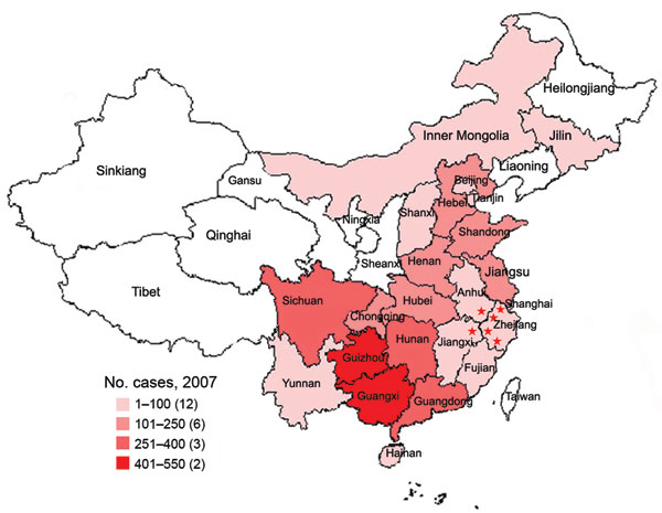 Distribution of human rabies cases in mainland China, 2007. Red stars indicate ferret badger–associated human rabies cases. Numbers in parentheses in key indicate number of affected provinces.