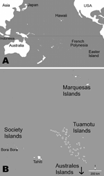 Thumbnail of A) French Polynesia in the South Pacific. B) Archipelagoes and main islands of French Polynesia.