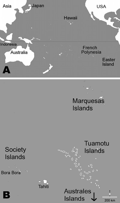 A) French Polynesia in the South Pacific. B) Archipelagoes and main islands of French Polynesia.