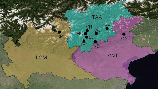 Study sites for trapping of rodents and isolation of lymphocytic choriomeningitis virus in Lombardy (LOM), Trentino-Alto Adige (TAA), and Veneto (VNT) in northern Italy, 2000–2006. GR, Grosotto/Mazzo; MO, Molveno; VN, Val Non; VC, Val Cembra; VF, Val Fiemme; LL, Laghi Lamar; DG, Dos Gaggio; VS, Val Sella; CA, Candaten. Circles indicate sites of extensive sampling and triangles indicate sites of intensive sampling. Background map: True marble by Unearthed Outdoors LLC (Madison, WI, USA) is licens