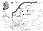 Thumbnail of Location of training sites where hemorrhagic fever with renal syndrome (HFRS) patients 1–4 conducted training exercises 50 days before the onset of illness. Rodent surveillance was not conducted at Watkins Range due to limited exposure. DMZ, Demilitarized Zone; LTA, local training area; solid circles, military training sites of patient 1; solid squares, military training sites of patients 2, 3, 4; star, base camp.