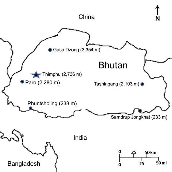 Map of Bhutan. Selected cites are indicated by enclosed circle and elevation of the city in meters in parentheses.