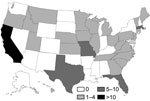 Thumbnail of Acanthamoeba keratitis case-patients by state, USA (N = 105). *Number of interviewed case-patients per state. Because of incomplete case reporting and enrollment in case–control study, incidence rates were not calculated.
