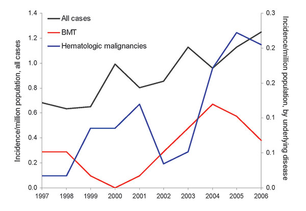 Evolution of the incidence of zygomycosis, France, 1997–2006. BMT, bone marrow transplantation.