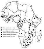 Thumbnail of Distribution of Rickettsia africae in the African continent and serologic evidence of spotted fevers in humans. Gray shading indicates location of Senegal.