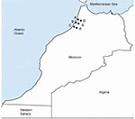Thumbnail of Locations in the Kenitra District of Morocco where tick-borne relapsing fever was diagnosed. A, Sidi Mohamed Lahmar; B, Had Ouled Jelloum; C, Idrissi Kenitra; D, Lalla Mimouna; E, Mnasra; F, Sidi Taybi.