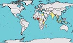 Thumbnail of Approximate known distribution of Zika virus, 1947–2007. Red circle represents Yap Island. Yellow indicates human serologic evidence; red indicates virus isolated from humans; green represents mosquito isolates.