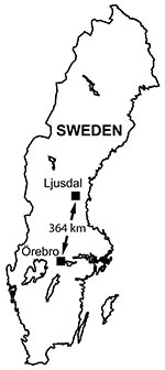 Thumbnail of Locations of the 2 tularemia outbreak areas in Sweden, showing Ljusdal and Örebro 364 km apart.