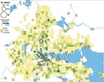 Thumbnail of Geographic distribution of 202/240 places of tularemia transmission in Örebro, Sweden, 2000–2004. Four recreational areas were disease cluster sites for tularemia transmission: 1) Lake Lången, 2) Karslundsskogen/Hästhagen, 3) Oset/Rynningevikens nature reserve, and 4) Ekeby-Almby.